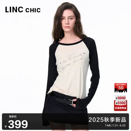 LINC金羽杰2025年秋季新款打底衫松软印花长袖T恤女上衣253FK512Y图片