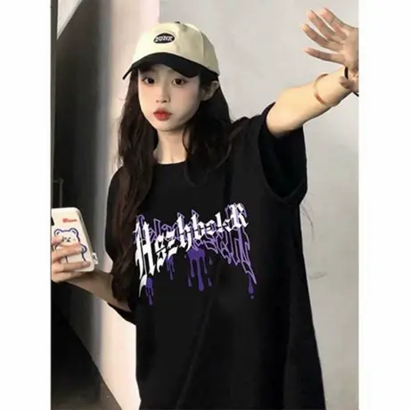夏季独特印花字母黑色设计感圆领短袖t恤女潮牌oversize百搭上衣图片