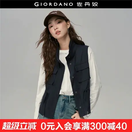 设计师款佐丹奴背心外套女新款工装风可收腰立领棉麻马甲18375606商品大图