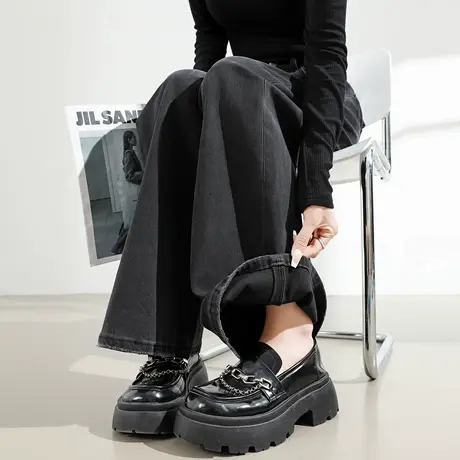 美式高街四面弹直筒牛仔裤女2025春秋新款高腰宽松显瘦阔腿拖地裤商品大图