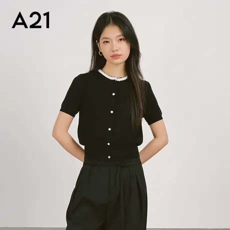 A21女装圆领拼接撞色短袖毛针织衫半高领套头衫合体短袖开衫毛衣商品大图