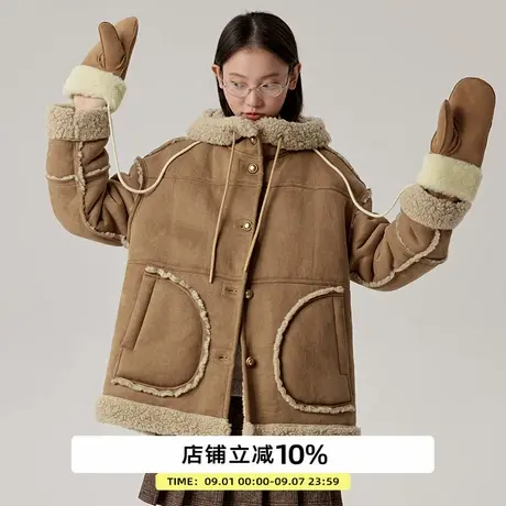 omont蛋挞家 复古连帽仿皮毛一体外套冬季麂皮保暖加厚短外套商品大图
