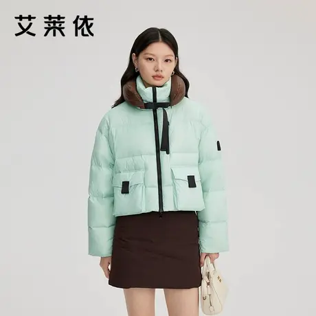 艾莱依黑色短款鹅绒服女新款休闲泡芙外套可脱卸U形枕羽绒服反季图片