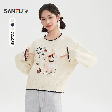 三福毛衣2025秋季小狗图案撞色圆领可爱宽松上衣女装508609商品大图