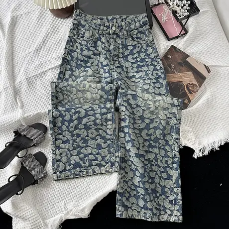韩版时尚满印印花高腰牛仔裤女2025秋季新款气质宽松百搭直筒长裤商品大图