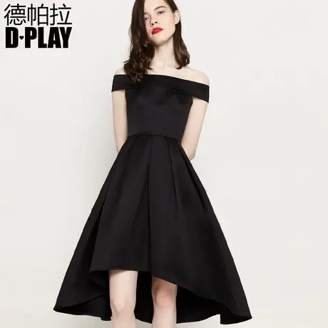 德帕拉秋款欧美黑色一字领前短后长礼服露肩气质小黑裙商品大图