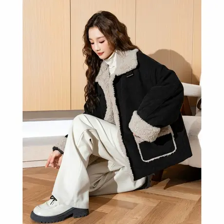 唐狮春季新款外套女翻领灯芯绒拼接仿羊羔毛外套超好看爆款流行tu图片