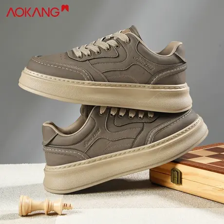 奥康新款秋季2025复古低帮男士工装时尚休闲百搭板鞋男增高卡其色商品大图
