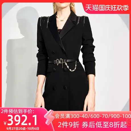 AUI黑色中长款职业西装外套女2022秋季新款御姐设计感收腰西服裙图片