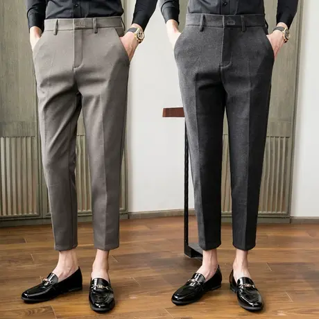 英伦雅痞休闲裤男士高级感商务毛呢西装裤秋冬季加厚修身小脚裤潮商品大图