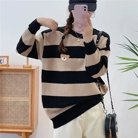 慵懒风小熊条纹女士毛衣2023秋冬新款高级感超好看针织衫外穿上衣图片