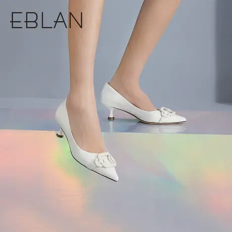 EBLAN伊伴春季时尚休闲优雅气质单鞋浅口一脚蹬中跟软底皮鞋商品大图