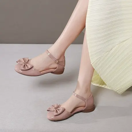 包头凉鞋女2023年新款圆头低跟中空单鞋平底小皮鞋蝴蝶结夏季鞋子商品大图