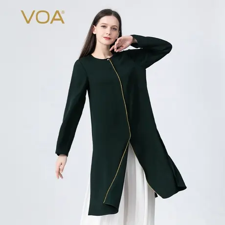 VOA真丝双面乔40姆米圆领一纽扣长袖明线装饰通勤日常桑蚕丝T恤衫图片
