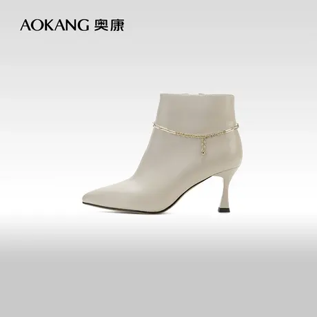 【门店发货】奥康女鞋 冬季新款真皮单靴法式粗跟女靴尖头瘦瘦靴商品大图