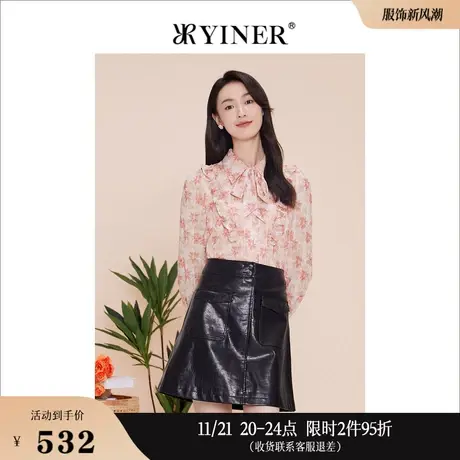 YINER音儿线上专选女装2023春季印花飘带设计感木耳边衬衫上衣商品大图