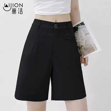 丽洁新款五分短裤女夏宽松高腰西装短裤大码卡其黑色休闲阔腿短裤图片