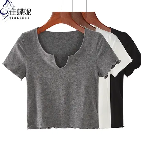 夏季新款桃领荷叶边韩版修身短款纯棉短袖体恤上衣内搭打底衫女装商品大图