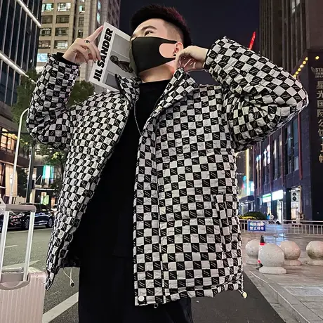 高级感撞色棋盘格羽绒棉衣男冬季轻熟小众轻熟宽松加厚棉服外套潮商品大图