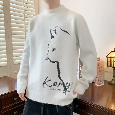 水貂绒毛衣男半高领打底针织衫2023秋冬新款爆款加厚提花猫咪线衣商品大图