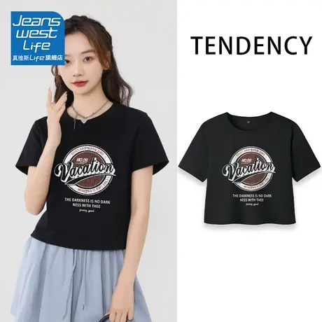 真维斯LIFE黑色短款t恤女夏纯棉高级感上衣高腰露脐短袖韩版显瘦V商品大图