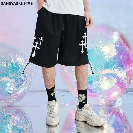 木村三社x救赎系列十字架印花短裤男潮牌ins爆款夏季薄款五分裤商品大图