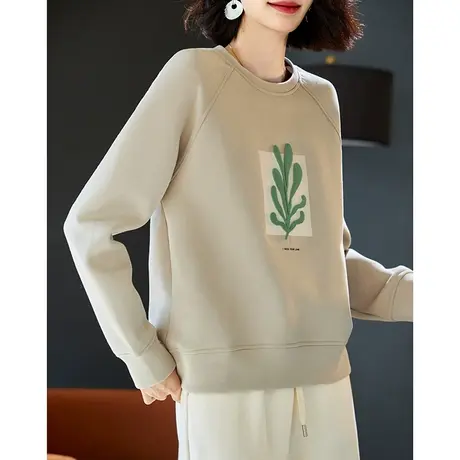 宝诗黎圆领印花棉质落肩卫衣女百搭套头短款打底上衣2023秋冬新款商品大图