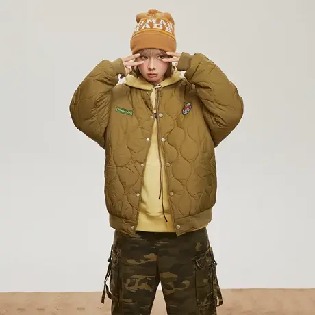 美式贴标棒球服棉服女冬季加厚外套2023年新款复古宽松葫芦格棉衣商品大图