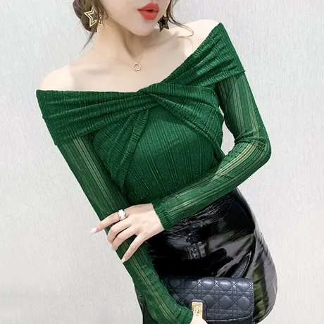 2024春秋新款性感一字肩T恤女长袖小众扭结网纱上衣紧身打底衫潮商品大图