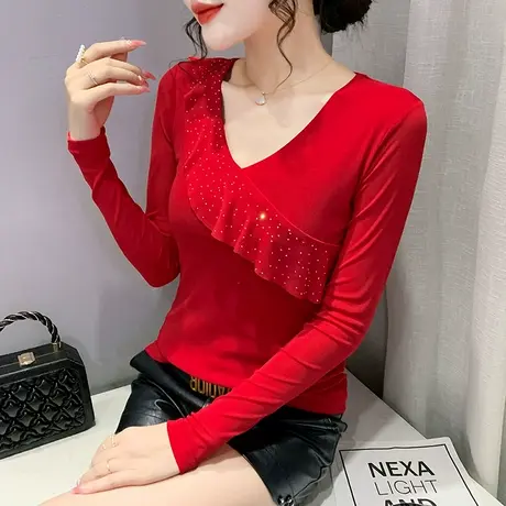 性感V领荷叶边T恤女长袖欧货网纱内搭打底衫春季洋气烫钻紧身上衣图片
