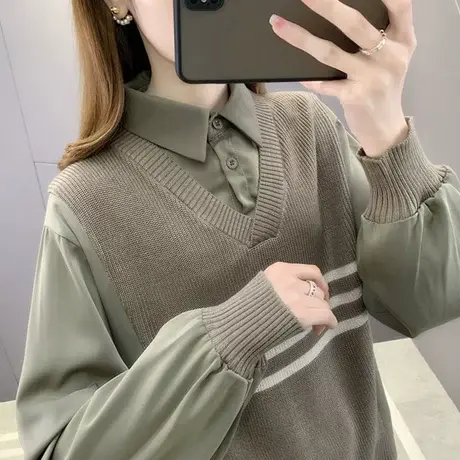 女士衬衣领假两件毛衣女冬季2023年新款爆款时尚洋气打底衫女内搭图片