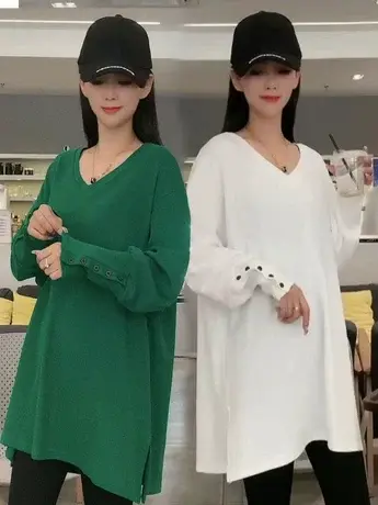 法式气质纯色露肩长袖卫衣T恤设计感削肩宽松中长款圆领百搭上衣商品大图