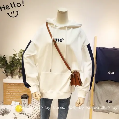 运动休闲连帽卫衣2020秋季韩国东大门刺绣字母拼色卫衣宽松大码女商品大图