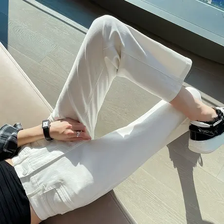 白色直筒牛仔裤女春秋季2023新款高腰显瘦宽松小个子九分烟管裤子商品大图