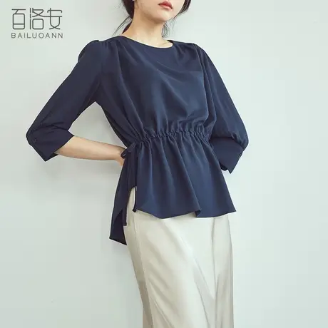 百洛安七分袖衬衫女春季新款韩版宽松纯色简约百搭抽褶上衣衬衣女商品大图