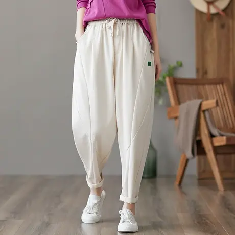 dza 高腰显瘦纯棉休闲裤子女士春季新款直筒哈伦裤白色宽松阔腿裤图片