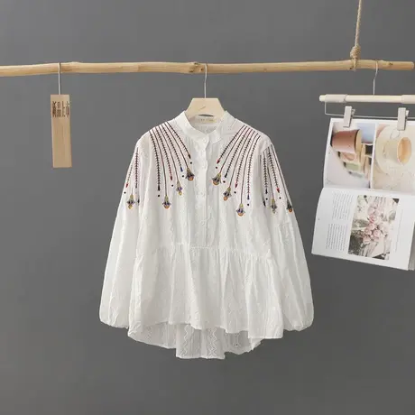 文艺刺绣娃娃衫女2024春装新品纯棉长袖套头百搭打底衬衣宽松衬衫商品大图