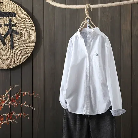 枫谜2021年春装新款文艺简约刺绣牛津纺长袖衬衫女宽松显瘦白衬衣商品大图