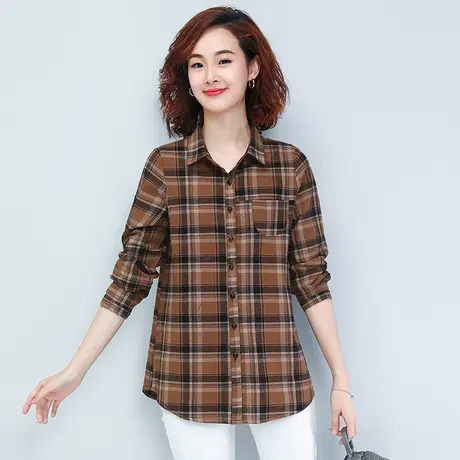 凯诗帕春季加肥加大码女装宽松全棉格子休闲衬衣女显瘦长袖衬衫商品大图