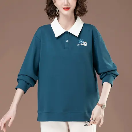 翻领卫衣女春秋新款宽松加肥加大码女装中年妈妈洋气减龄显瘦上衣商品大图