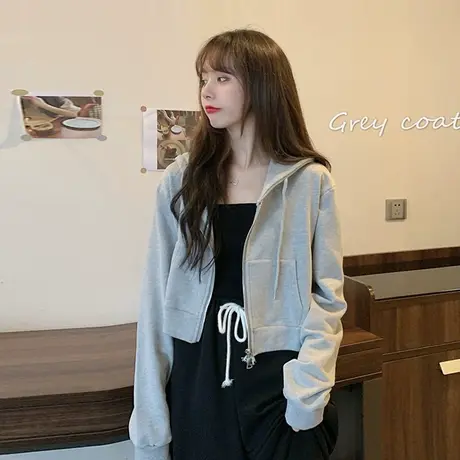 2025春秋新款宽松韩版薄款长袖连帽卫衣开衫外套女潮ins短款上衣商品大图