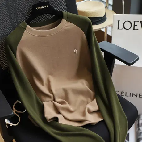 洋气撞色德绒字母刺绣宽松显瘦插肩长袖T恤打底衫女内搭秋冬新款商品大图