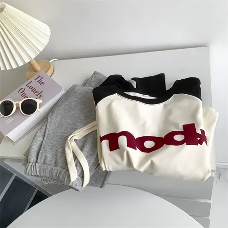 植绒字母撞色插肩袖短款长袖打底衫女美式AA纯欲风秋季打底上衣女商品大图