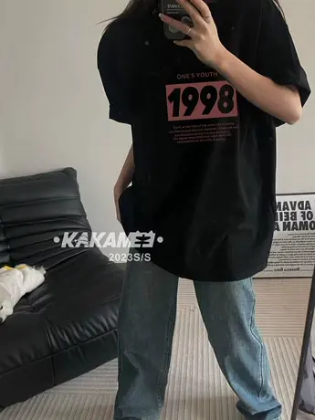 韩版黑色短袖T恤女兔子印花设计感上衣洋气减龄夏季新款漂亮衣服图片