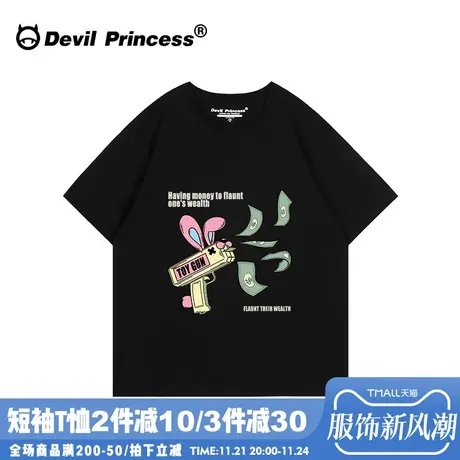 甜酷风美式宽松显瘦黑色短袖t恤女小众卡通校园风正肩半袖上衣夏商品大图