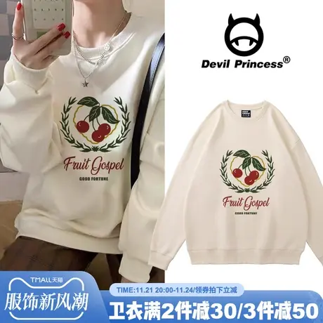 港风复古加绒卫衣女冬加绒圆领外套2024年秋季新款设计感小众上衣商品大图