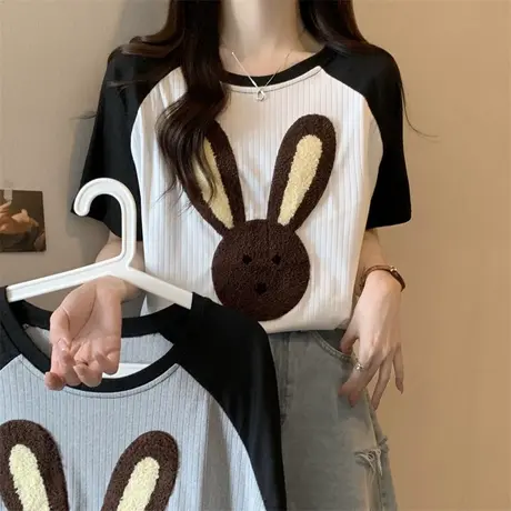 卡通刺绣插肩短袖t恤女夏季宽松显瘦设计感小众半袖港风chic上衣商品大图