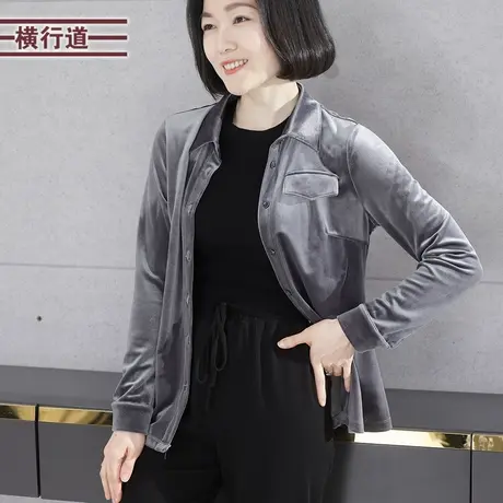 2024新款春装翻领宽松长袖金丝绒衬衣纯色韩版妈妈大码衬衫上衣女商品大图