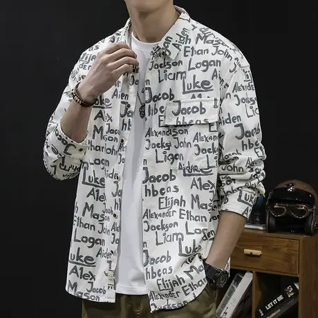 字母印花复古衬衫男帅气百搭春季2024新款休闲衬衣长袖春秋外套潮图片