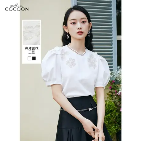 missCOCOON三醋酸绣花短袖t恤2023夏季新款女装圆领宽松气质上衣商品大图